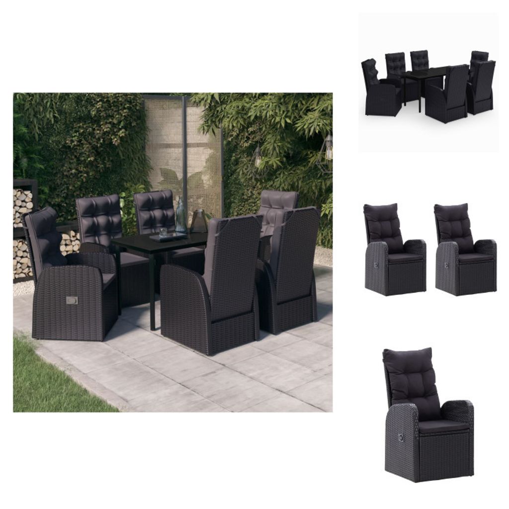 vidaXL 7-tlg. Garten-Essgruppe mit Kissen Schwarz - Gartenmöbel-Sets
