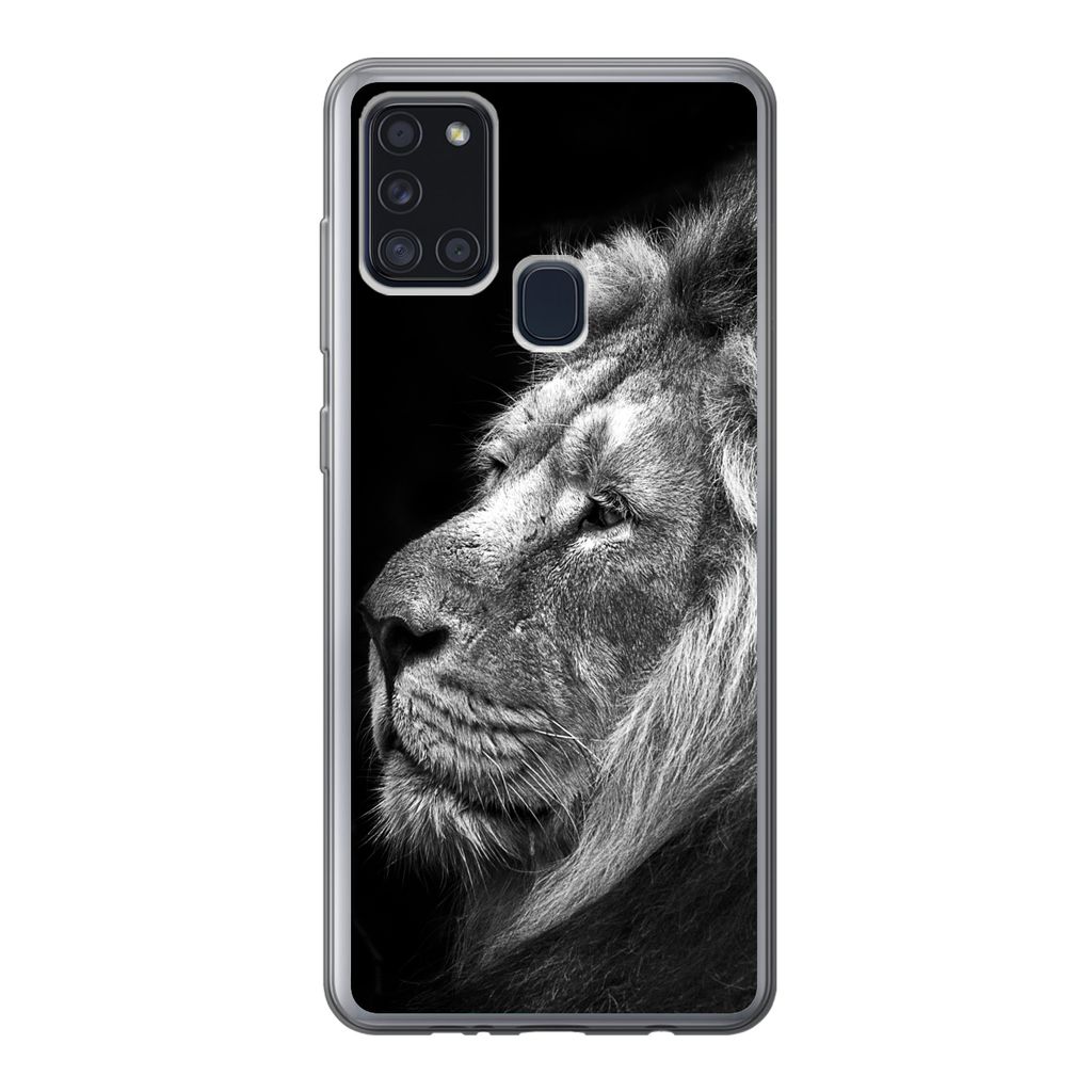 MuchoWow Handyhülle Schutzhülle Hülle für Samsung Galaxy A21s Löwe vor schwarzem Hintergrund in schwarz und weiß Silikon Softcase Handy Hü...