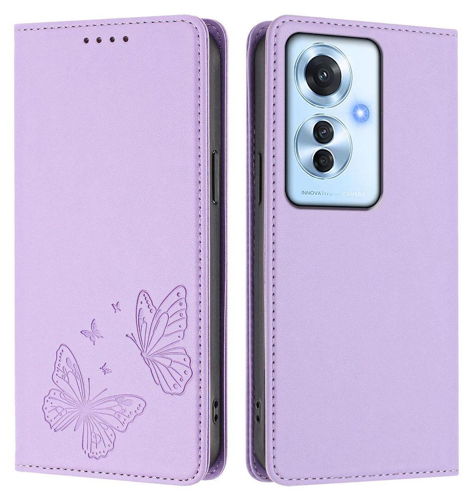 Lederhülle für Oppo Reno11 F 5G, Schmetterling Prägung Leder Brieftasche Schutzhülle mit Ständer Violett