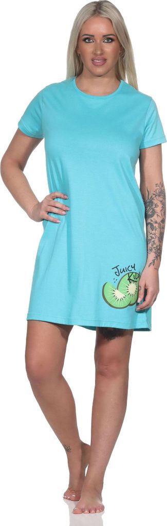 Normann Damen kurzarm Nachthemd Sleepshirt mit Kiwi als Motiv ; türkis , 36