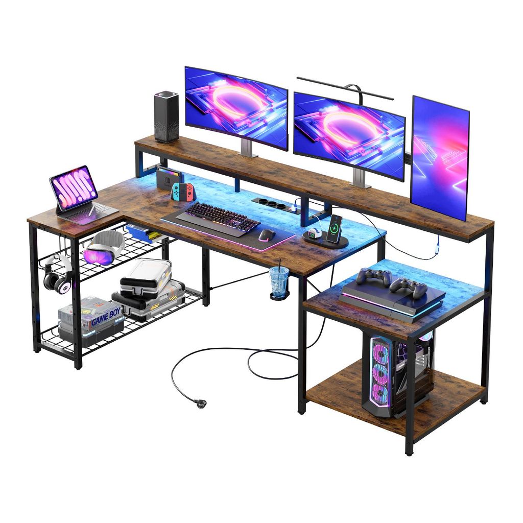 Bestier Gamer Schreibtisch L-Form mit LED, Steckdosen & USB, 181x80cm, Braun