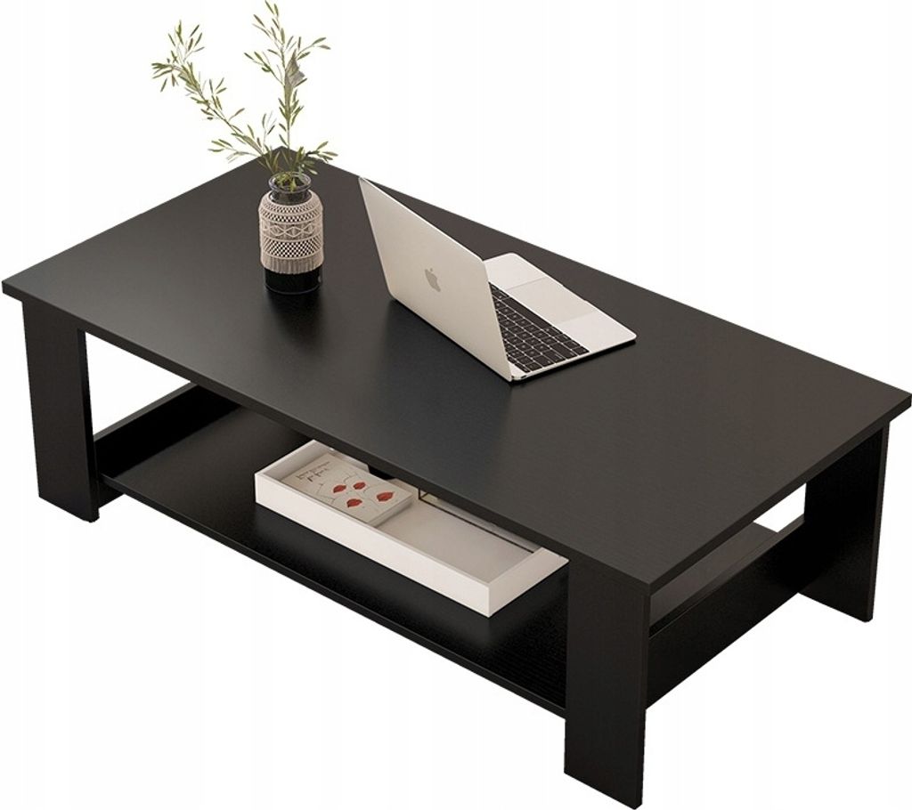A black coffee table with a shelf, a laptop, and a vase with plants on it.