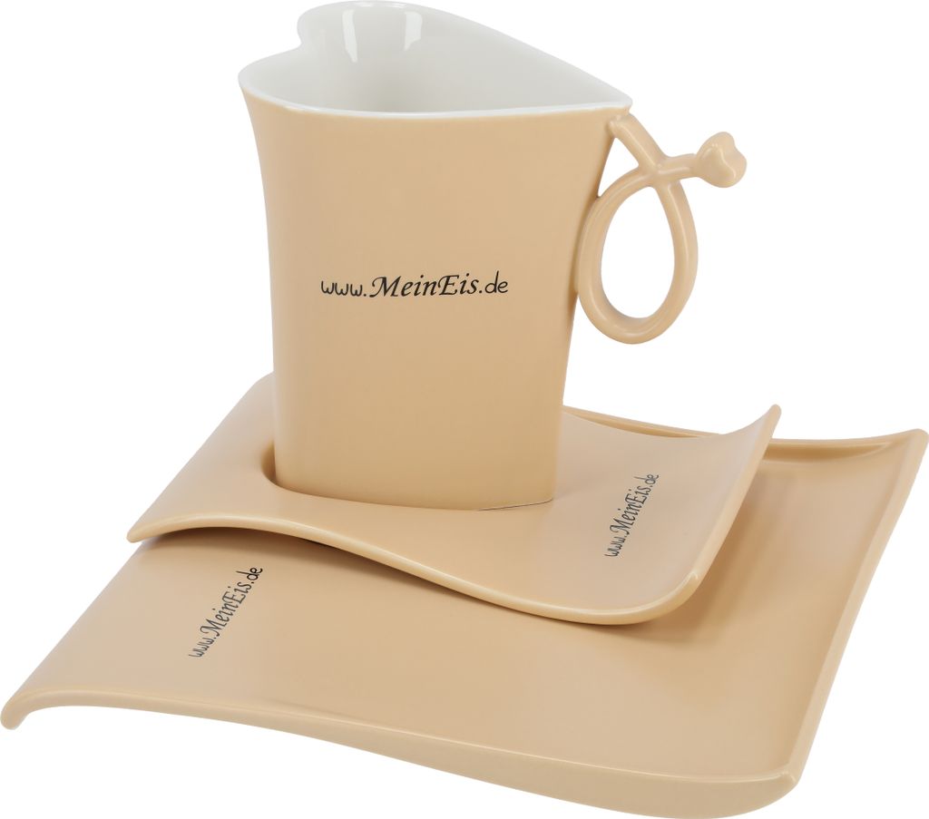 TIBU Tasse und Untertasse Set Herzform Beige Keramik Kuchenteller Dessertteller Kaffee Tee kreatives Geschenk Valentinstag Geburtstag (400ml)