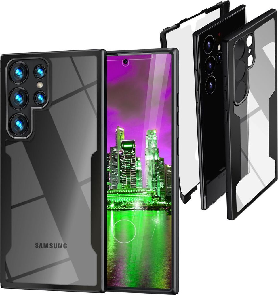 A transparent phone case is shown with a phone inside, displaying a city skyline. Several cases are layered behind the main one.