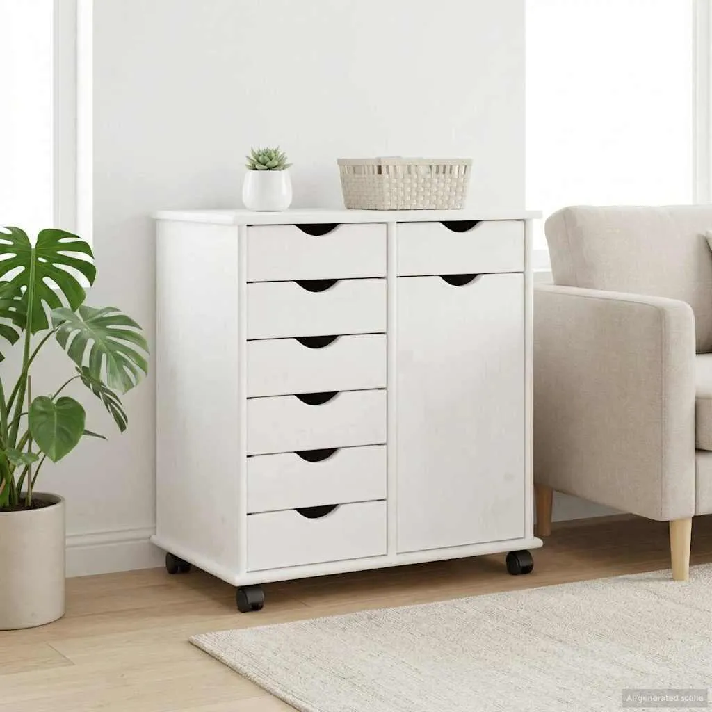 Caisson à roulettes pin massif blanc, rangement bureau compact 65cm