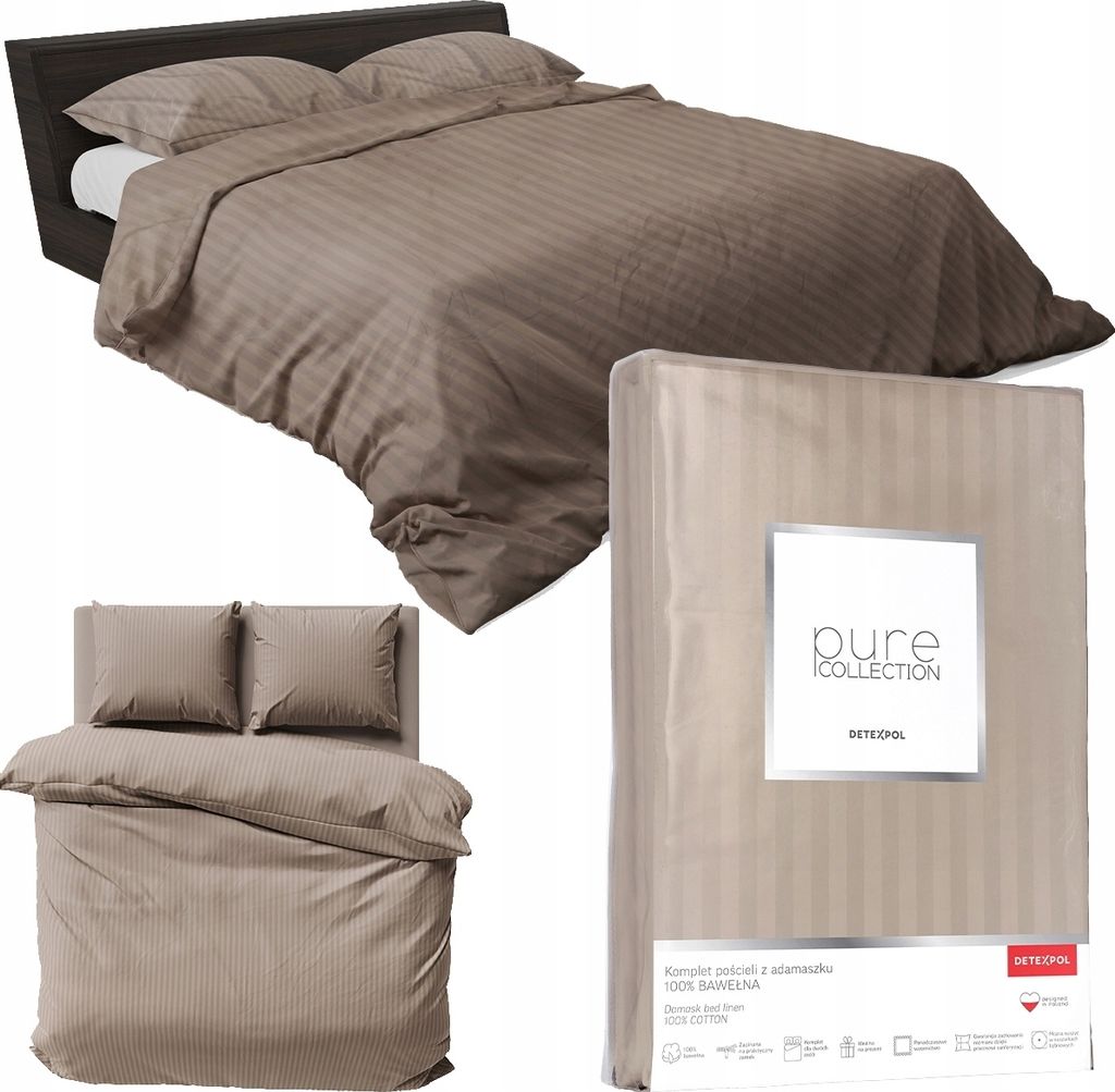 A collage of images showing a bed with bedding and a packaged bedding set.