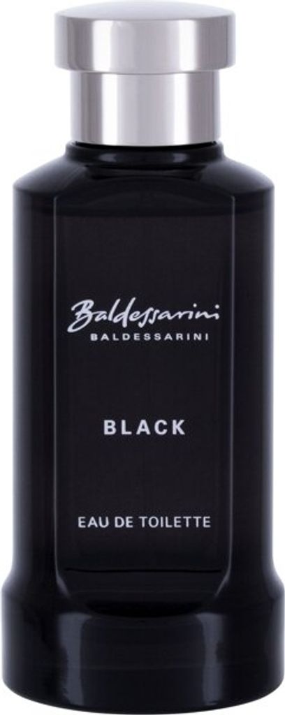 A studio shot of a black perfume bottle with a silver cap.