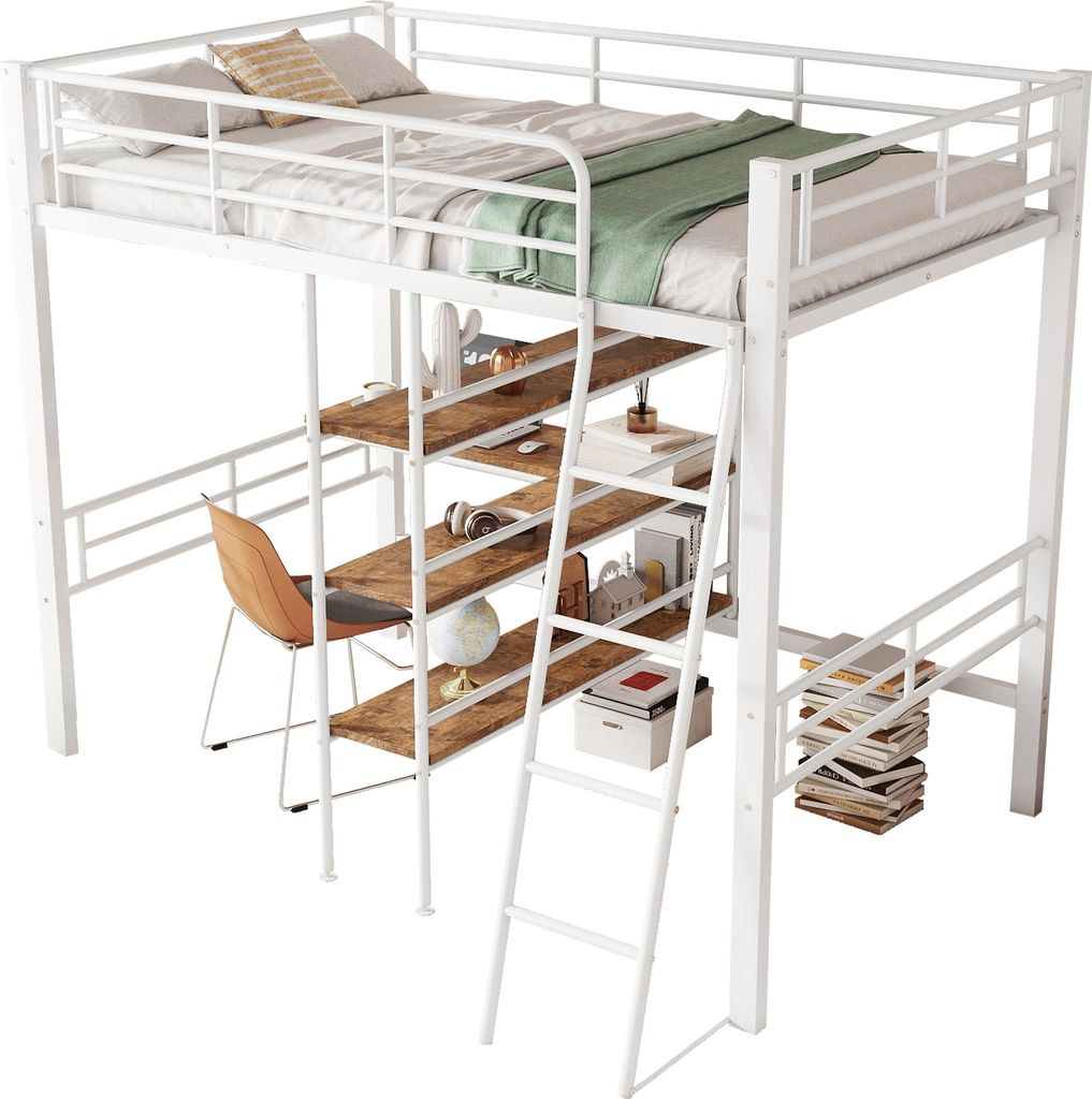 Hochbett mit Schreibtisch und Regal, 90x200 cm, Metallbett, Produktbild 