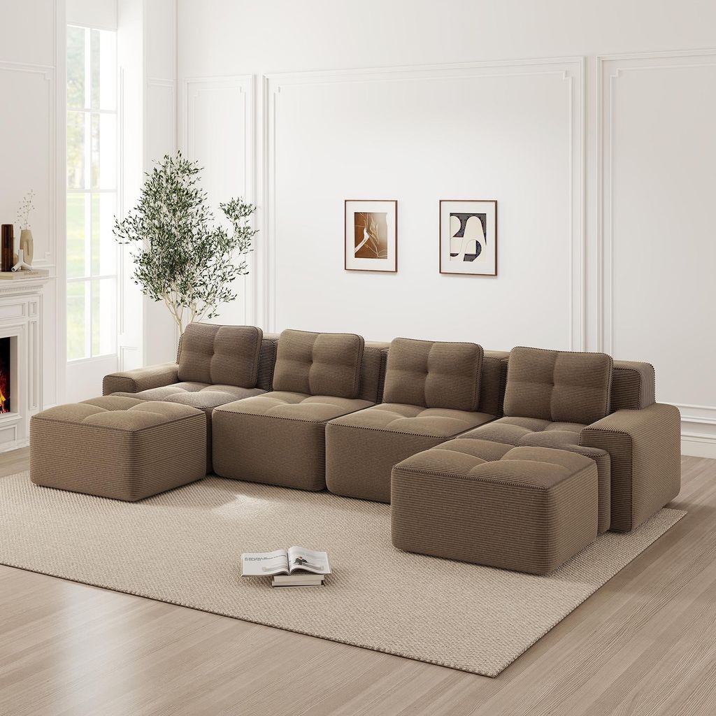 Boneless Sofas für Wohnzimmer, Modulares Sofa mit U-förmiger Chaiselongue, 4-Sitzer Bequem Polstertes Tiefsitz 80% Corduroy-Cloud-Sofa, Montagefr...