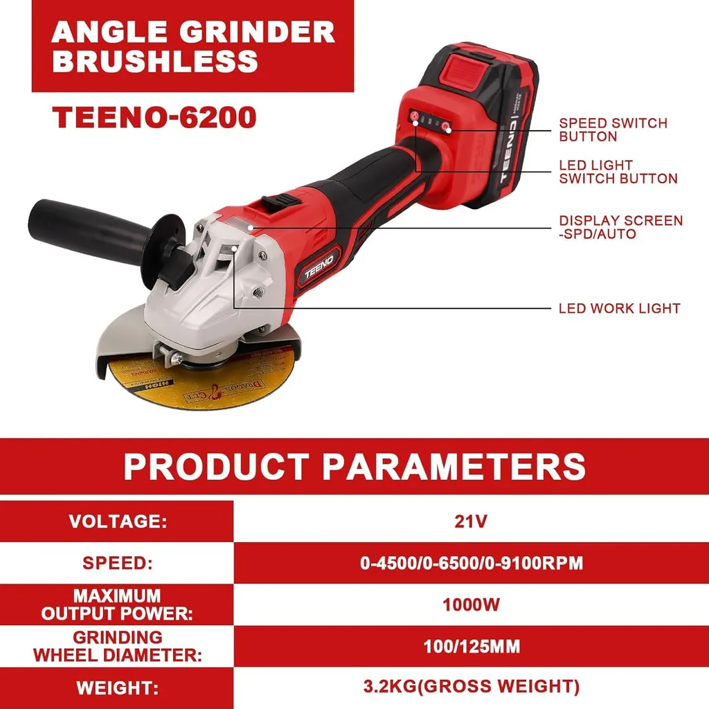 Meuleuse d'Angle 21V 1000W 125mm : Performance 9100RPM et 2 Batteries - 2