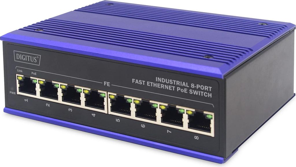 DIGITUS 8 Port Fast Ethernet Netzwerk PoE Switch,Industrial, Unmanaged