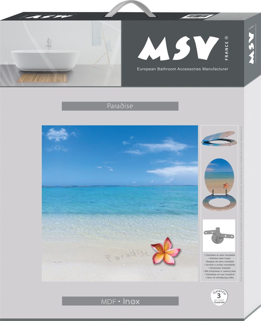 The image shows the packaging for a toilet seat with a beach scene design.