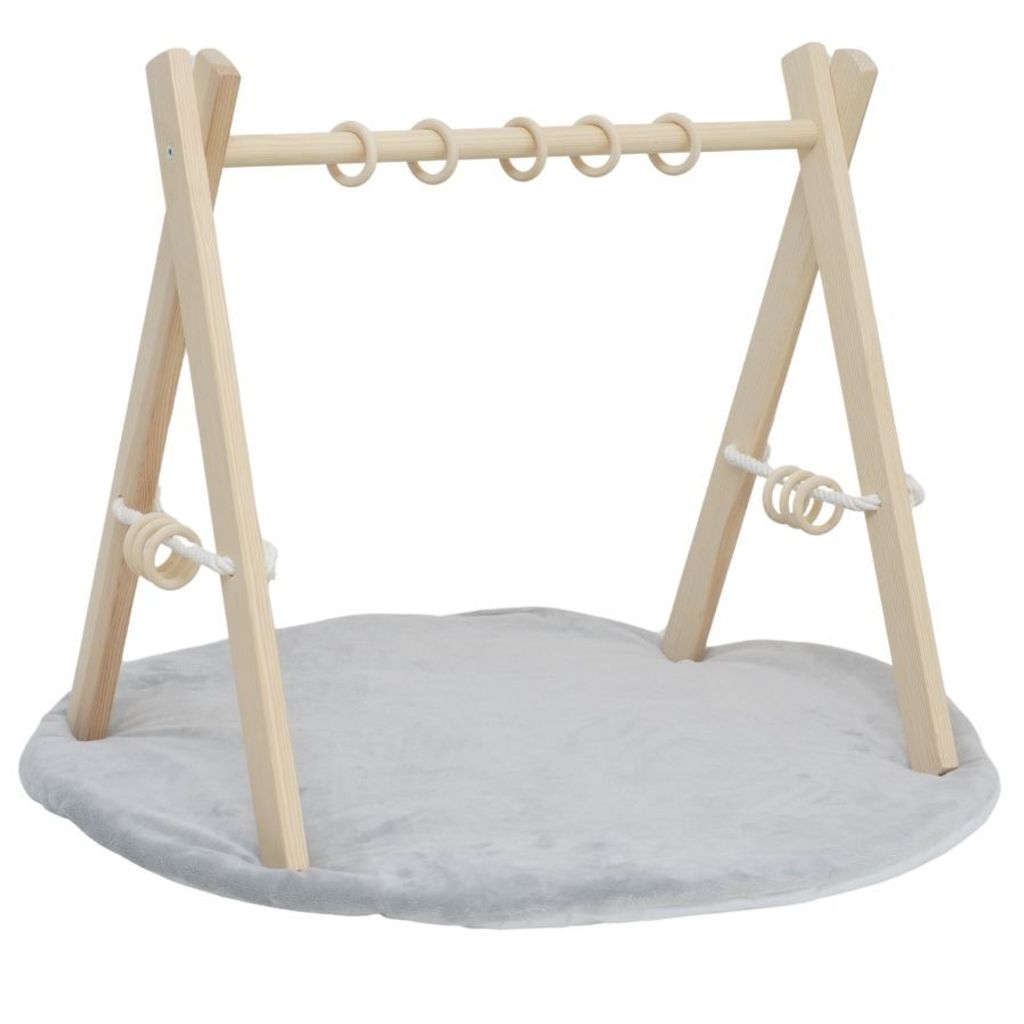 LuMali BABY GYM Spiel aus Holz mit einer grau Spielmatte Produktbild