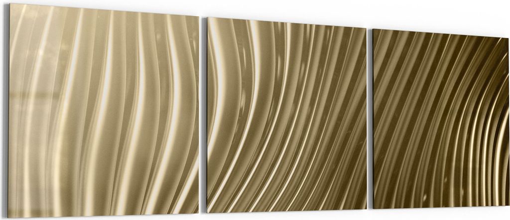 DEQORI Glasbilder Acryl 3x50x50 cm 'Goldenes Rillendesign' Wandbilder XXL groß