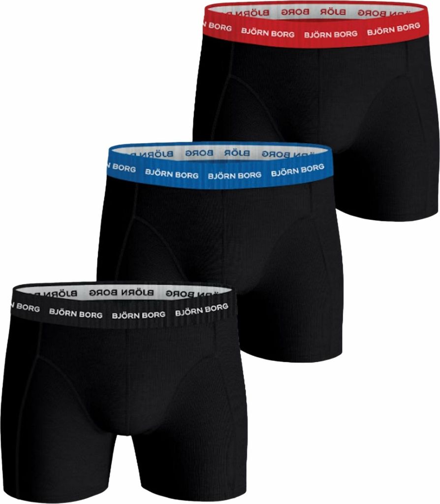 Bjorn Borg boxershorts Essential (3-pack), heren boxers normale lengte, zwart met gekleurde tailleband