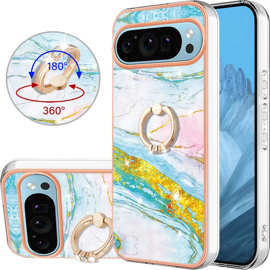 Custodia Marble per Google Pixel 9 Pro XL, custodia protettiva in silicone TPU con supporto ad anello blu