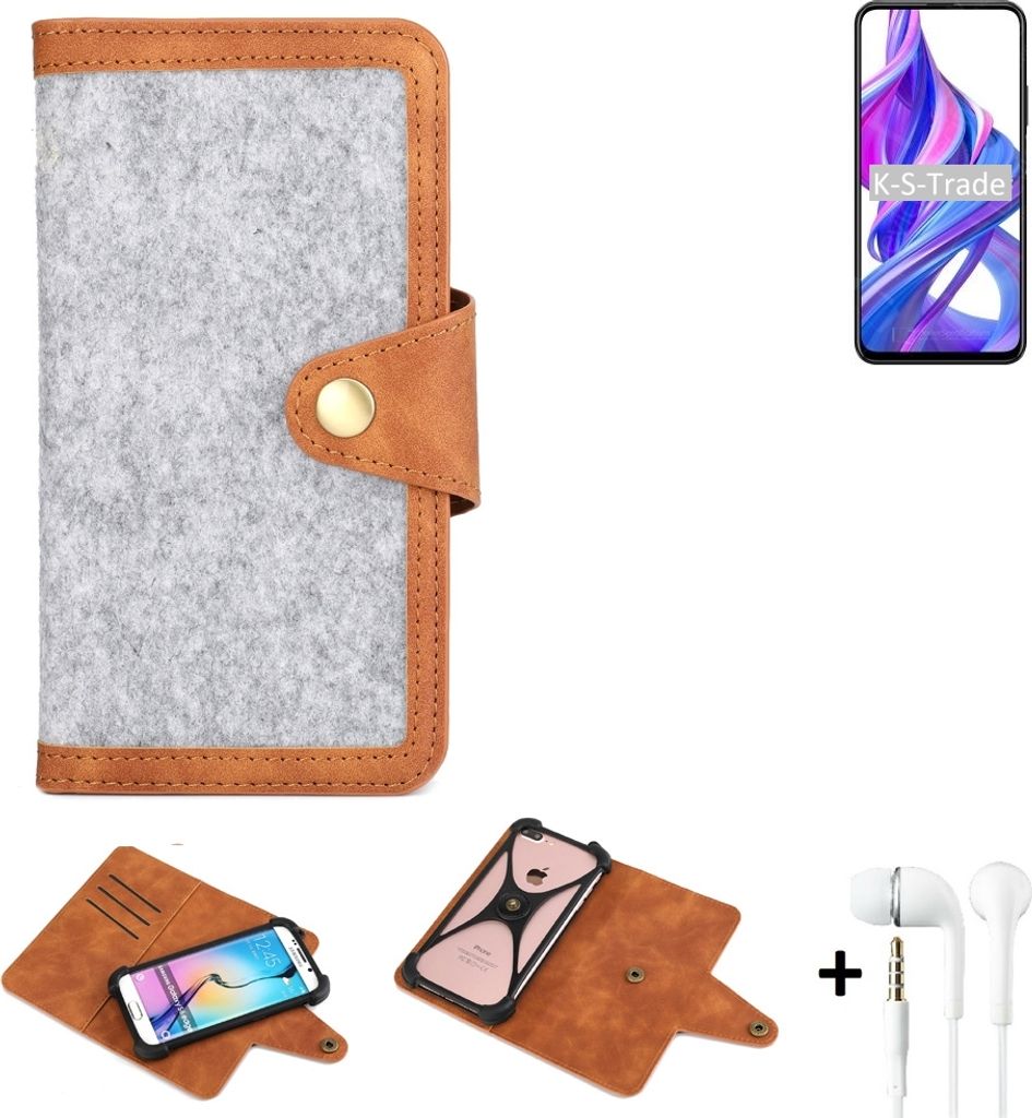 K-S-Trade Handyhülle + Kopfhörer kompatibel mit Huawei Honor 9x Pro Schutzhülle Filz Hülle Kunstleder hellgrau braun (1x)