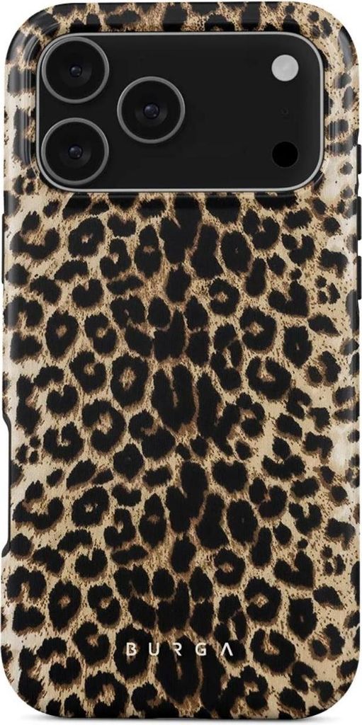 A close-up shot of a phone case with a leopard print pattern.