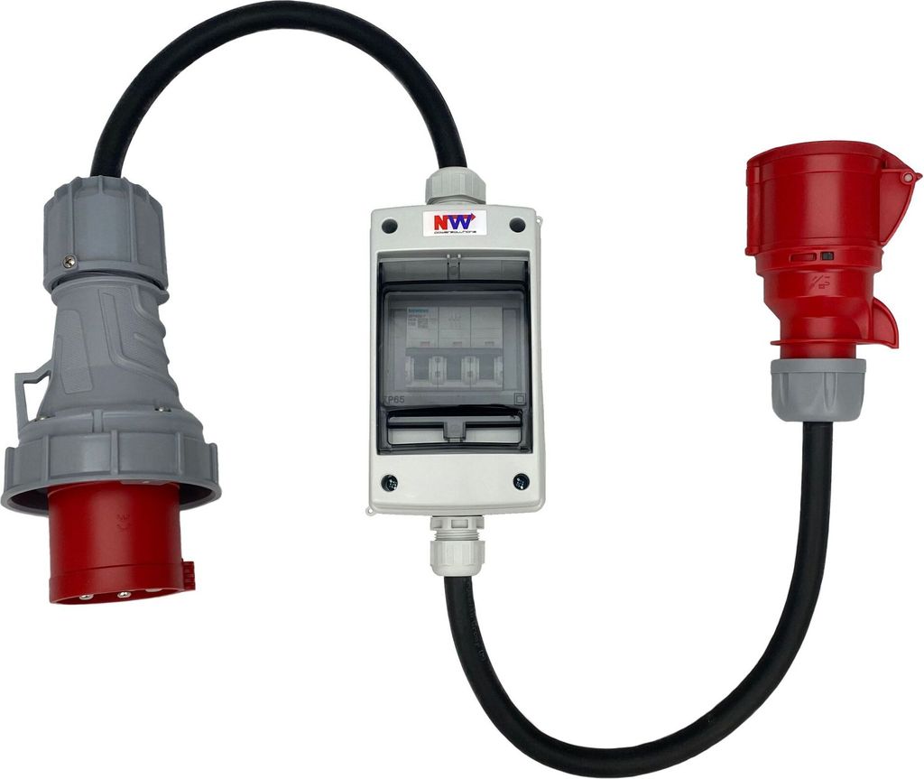 NWP CEE Adapter 63A 400V Stecker auf 32A 400V Kupplung Starkstrom - IP44/IP67 - mit Leitungsschutzschalter 3C32A - H07RN-F 5G4/5G6