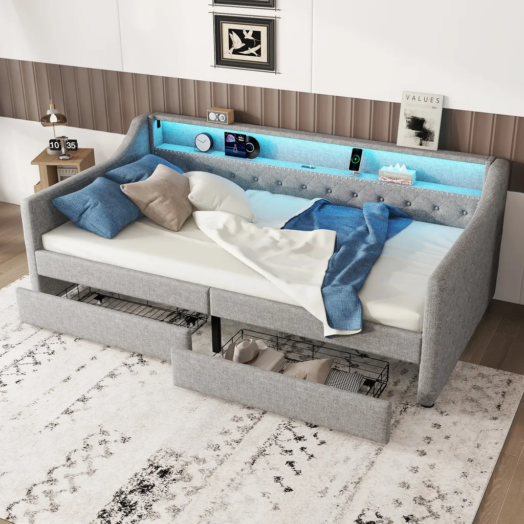Lit simple 90x200 cm idéal pour chambre d'ado avec rangements tiroirs
