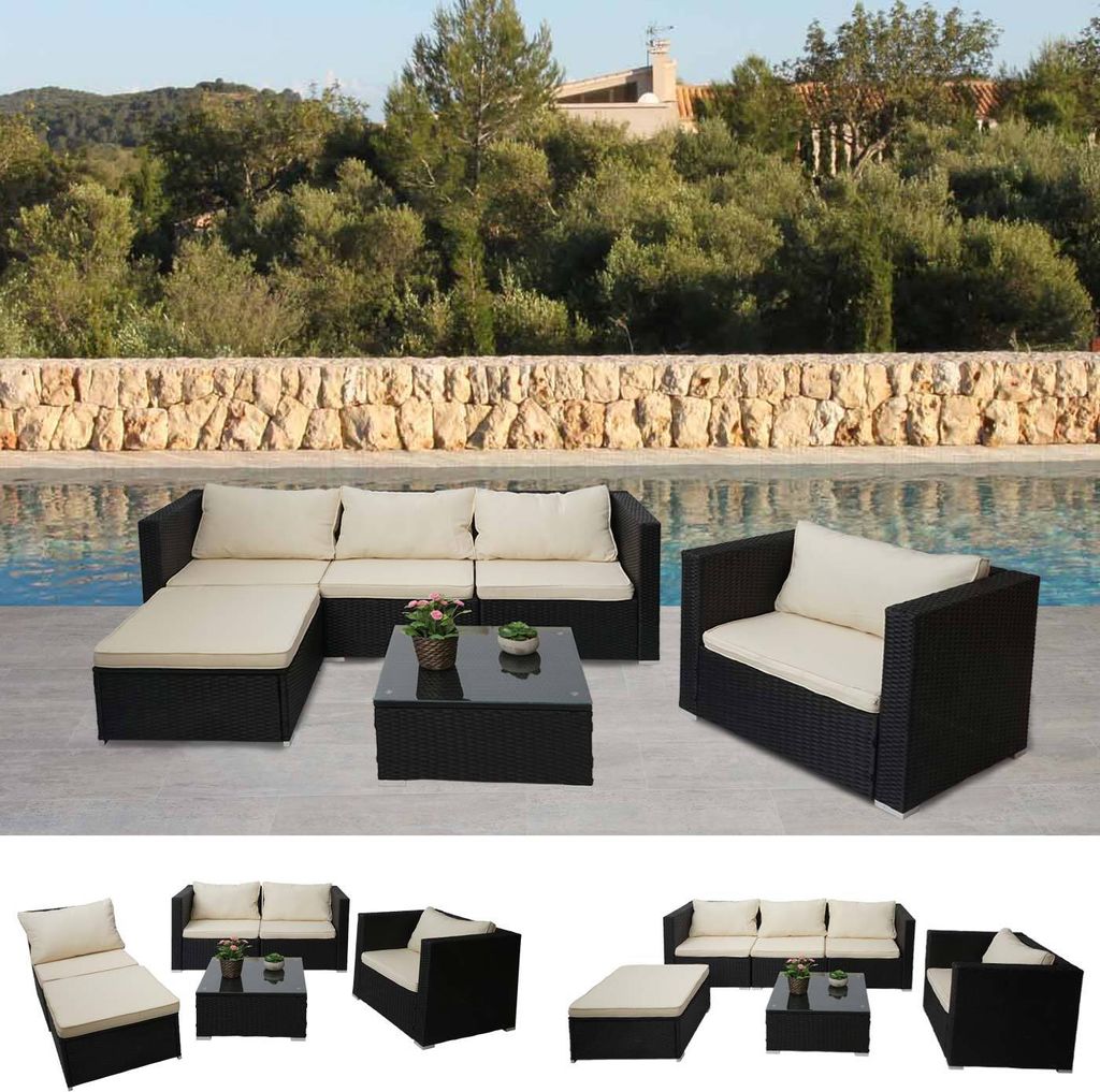 Poly-Rattan-Garnitur Brescia, Gartengarnitur Sitzgruppe Sofa Lounge-Set - schwarz, Kissen creme