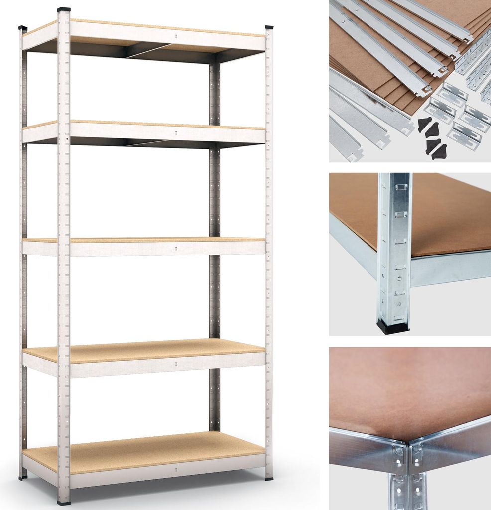 A collage of images showing a metal shelving unit and its components.