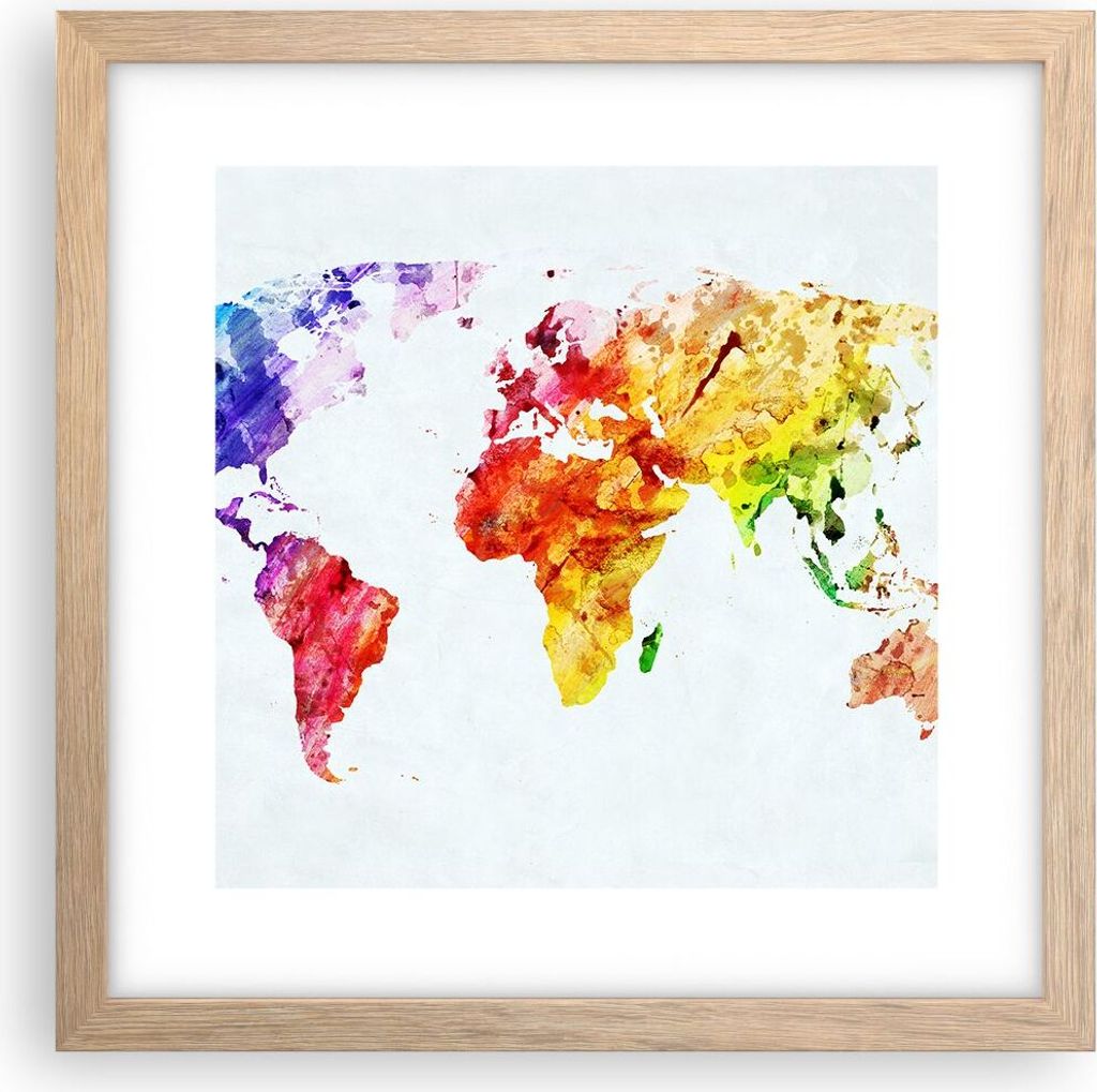 Gerahmtes Poster - Rahmen in heller Eiche - Welt Karte Bunt Kontinente - 30x30 cm - Wand Bild - Wanddeko - Wandbilder - Wandposter - Bilderrahmen -...