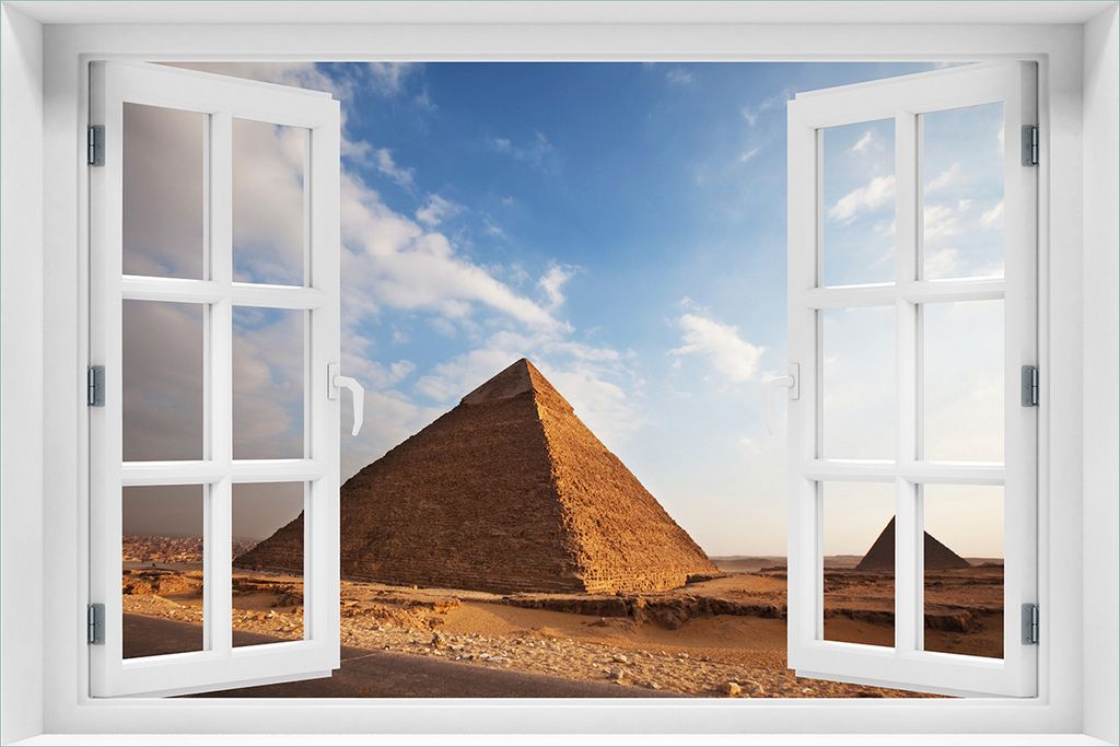 Wallario Wandbild aus Acryl, 60 x 90 cm, freischwebende Optik - Alte Pyramide in Ägypten mit Fenster-Illusion