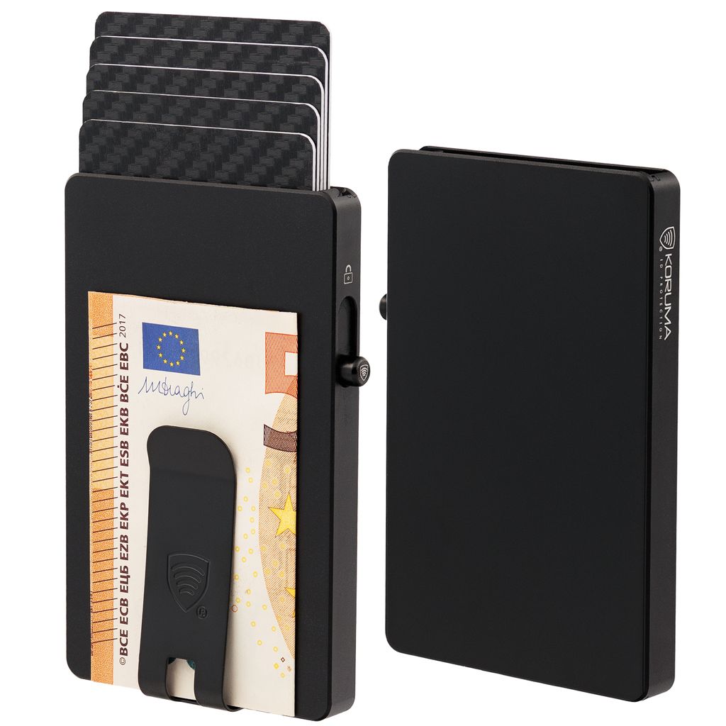 Aluminium Kartenetui mit RFID Schutz Geldclip utomatischem Pop-Up Kreditkartenhalter Schwarz / KORUMA