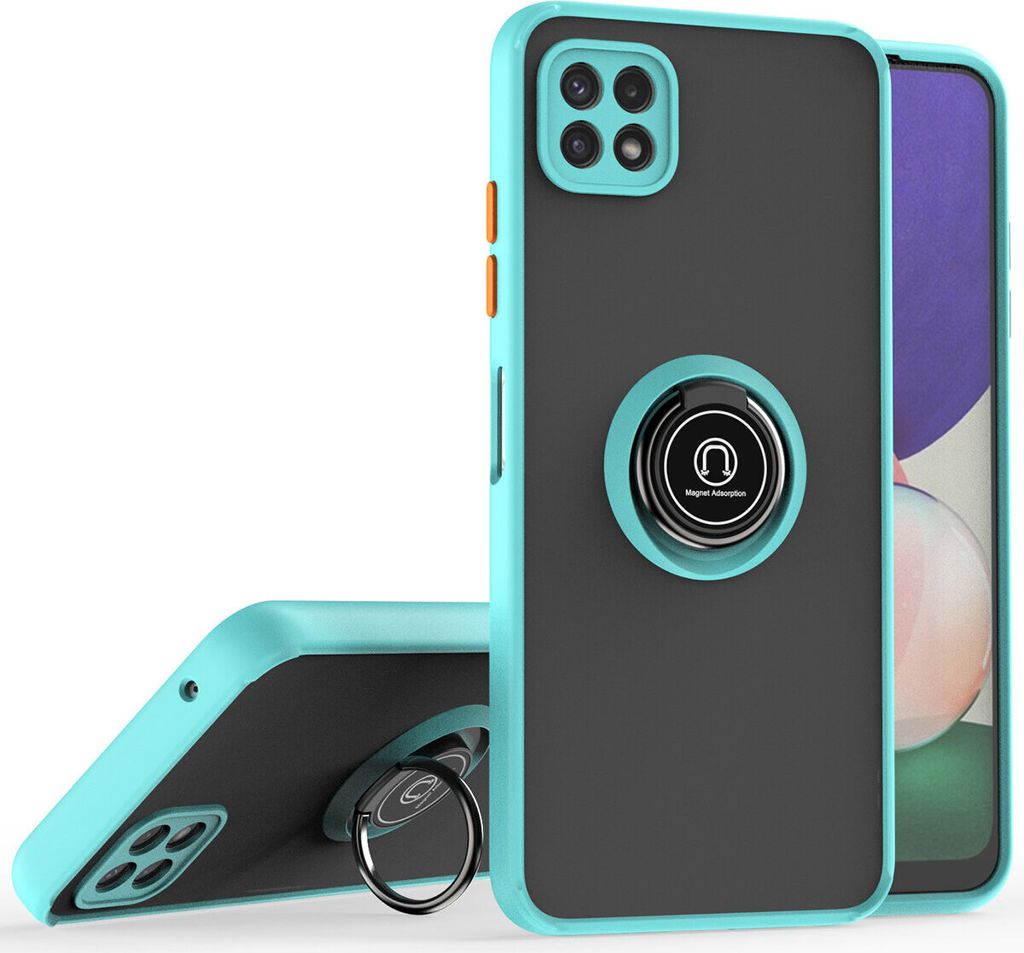 Samsung A22 5G Hülle, Ring Halter Ständer Matte Transluzent TPU Rahmen Stoßfest Schutzhülle für Samsung Galaxy A22 5G Hellblau