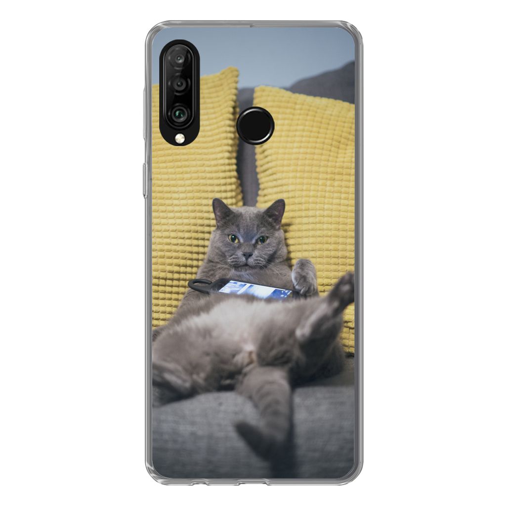 MuchoWow Handyhülle Schutzhülle Hülle für Huawei P30 Lite Katze - Bank - Faule Silikon Softcase Handy Hülle - Handyhülle