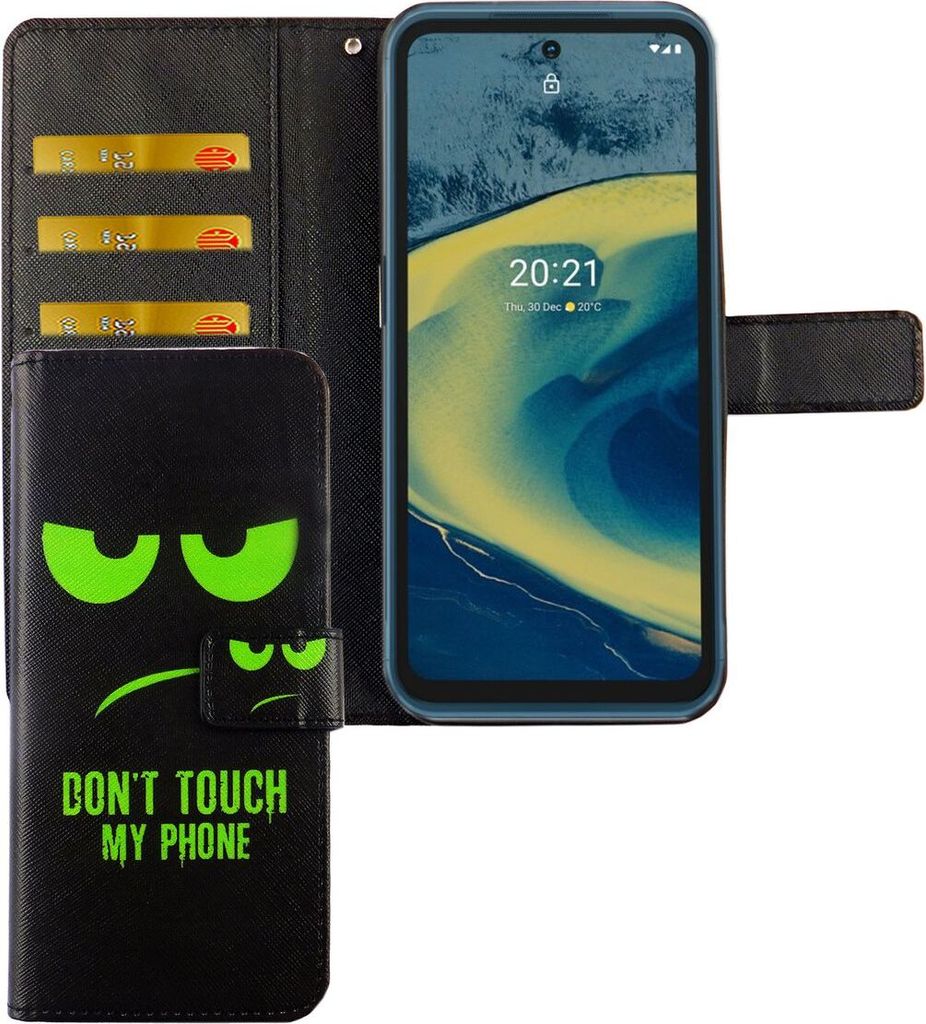 Nokia XR20 Tasche Handy Hülle Schutz-Cover Flip-Case mit Kartenfach, Farbe:Dont Touch My Phone Grün
