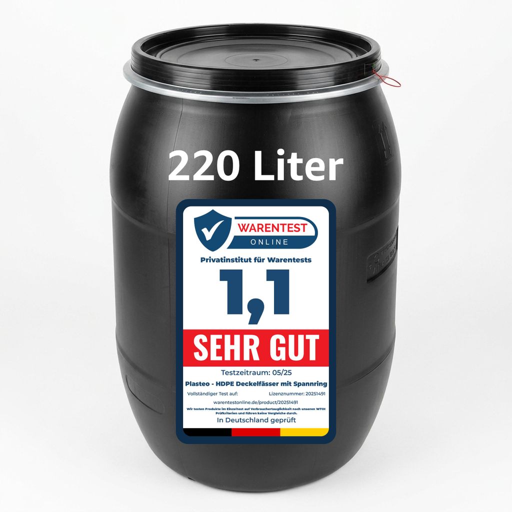 plasteo 220 Liter Weithalsfass Schwarz mit Deckel, Produktbild 