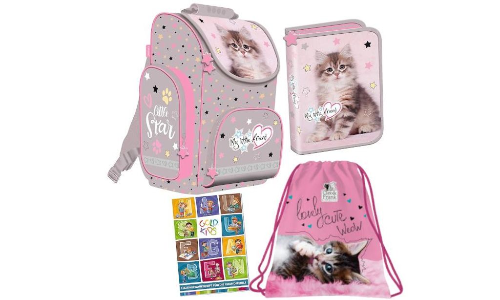 My Little Friend Schulranzen Set Ranzen Federmappe Turnbeutel Aufgabenheft Grey Cat Katze 4-teilig