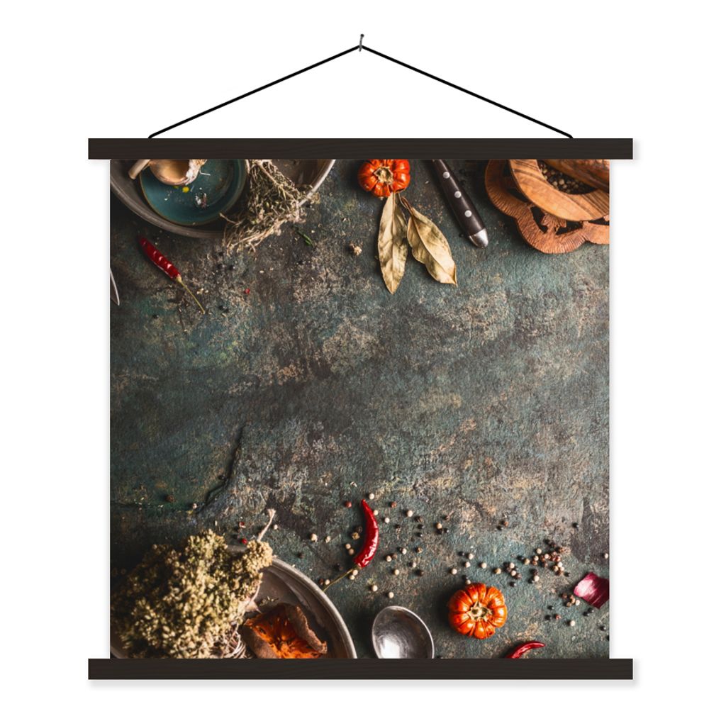 MuchoWow Textilposter Marmor - Gemüse - Herbst - Kürbis - Rustikal - Kräuter 90x90 cm mit schwarzem Rahmen - Magnetisches