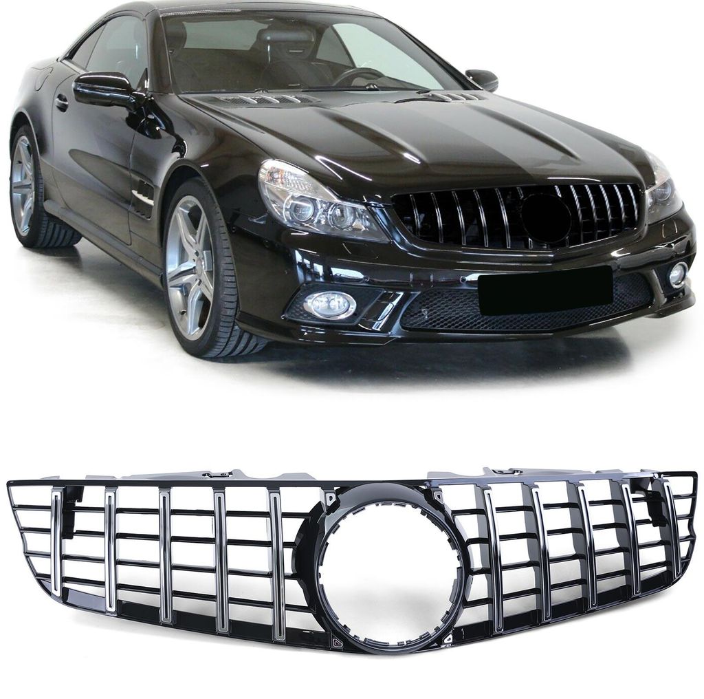 Sport Kühlergrill Schwarz Glanz Chrom für Mercedes SL R230 Facelift 2008-2012 – Produktansicht