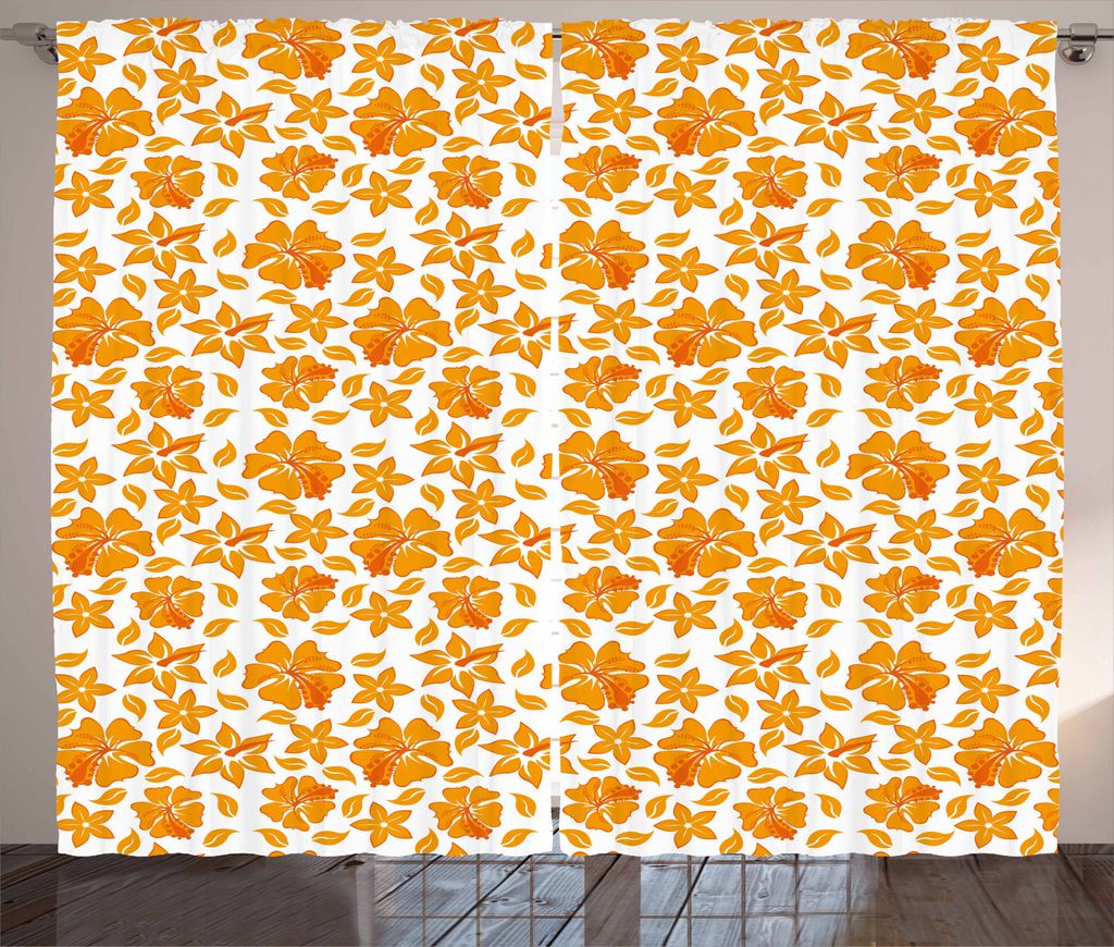 ABAKUHAUS Garten Rustikaler Vorhang, Hibiscus blühen, Wohnzimmer Universalband Gardinen mit Schlaufen und Haken, 280 x 245 cm, Orange Weiss
