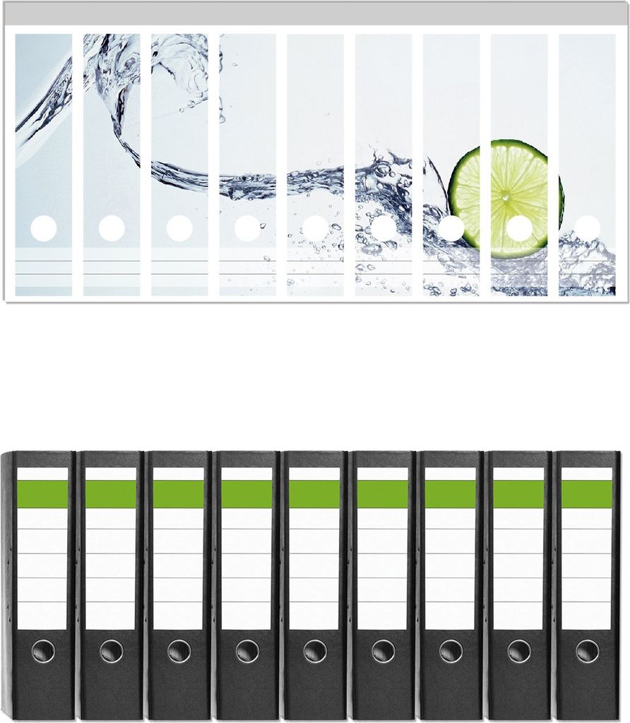 Wallario 9 Stück breite Ordner inkl. Klebeetiketten mit Motive Limettenscheibe in spritzigem Wasser - Set mit Rückenschildern / Ordnerrücken St...