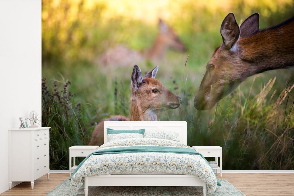MuchoWow Fototapete für Wohnzimmer oder Schlafzimmer Wandtapete Vinyl Motivtapete Hirsche - Gras - Wald - 330x220 cm - Fototapeten