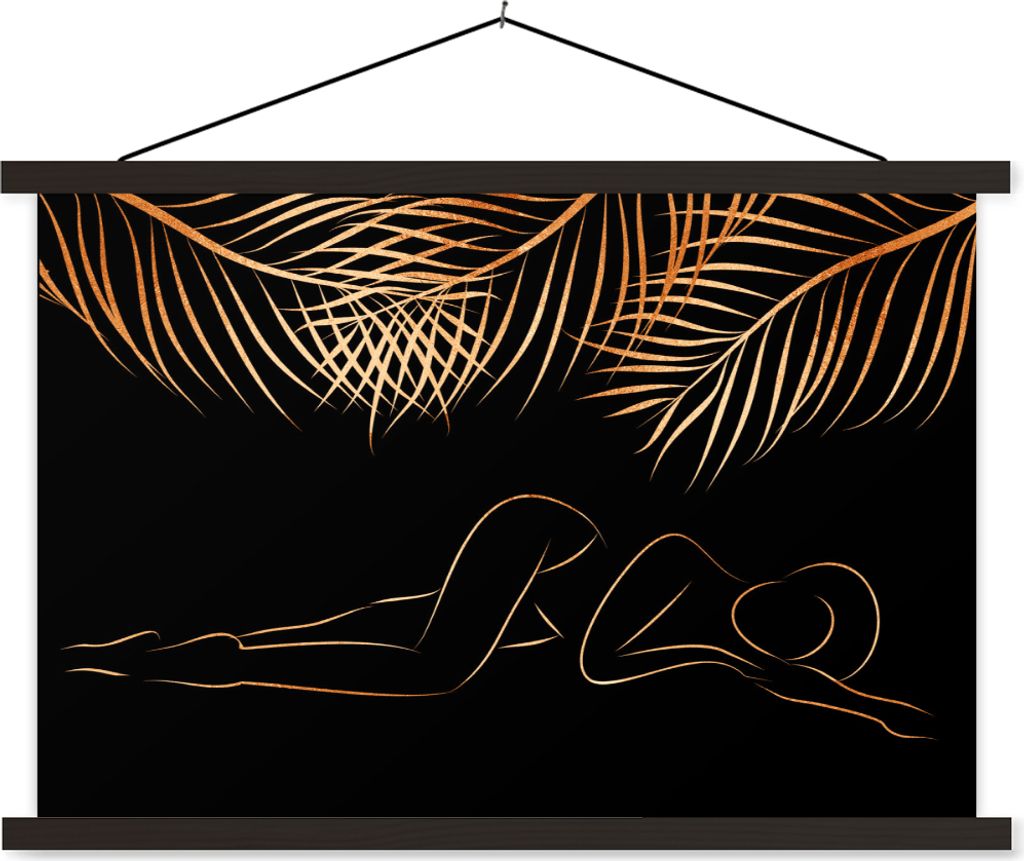 MuchoWow Textilposter Frau - Palmwedel - Gold - Strichzeichnung 120x80 cm mit schwarzem Rahmen - Wanddeko