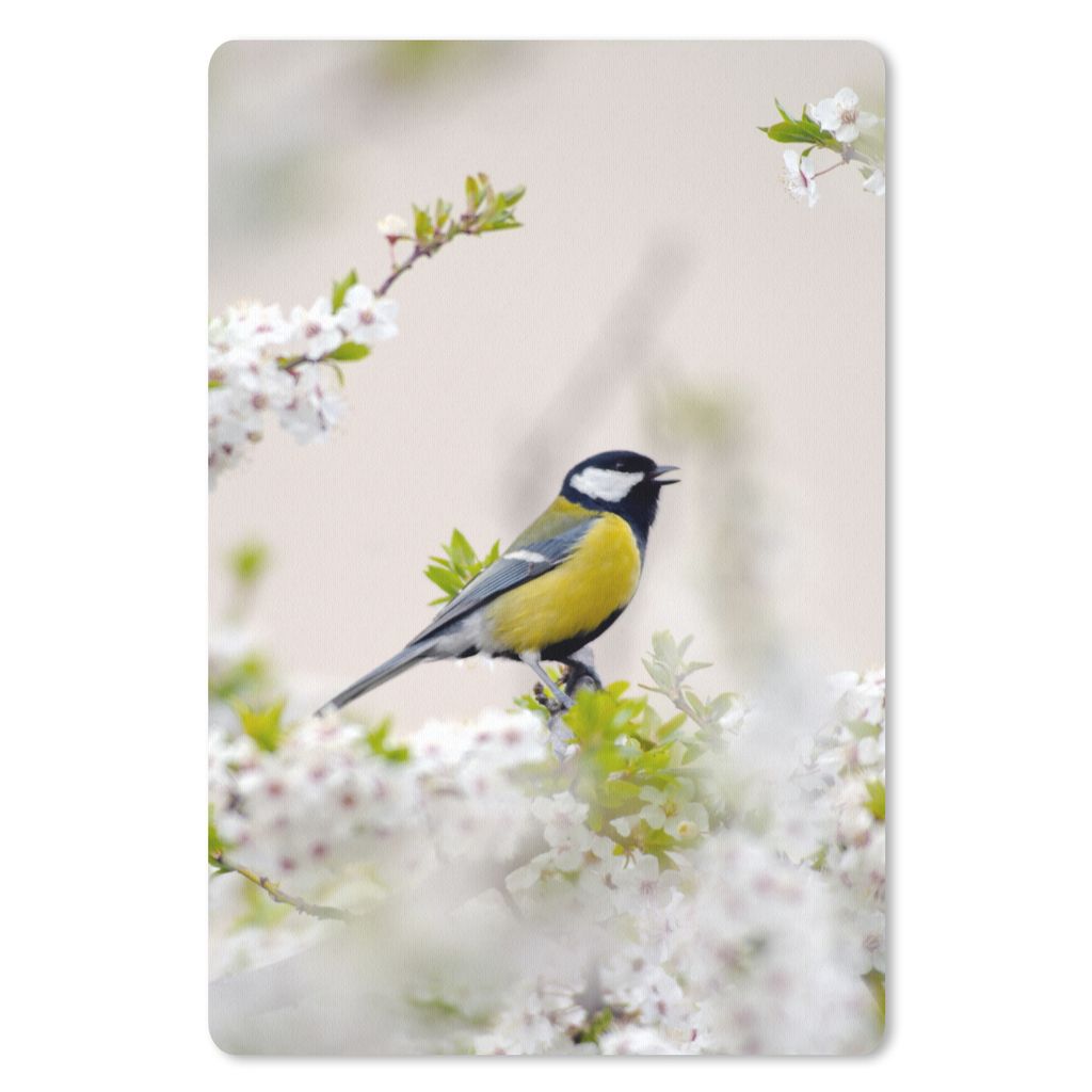 MuchoWow Mauspad Mousepad Vogel - Kohlmeise - Blumen - Blütenbaum 40x60 cm - Mousepads - Maus Mat - Pad - Mausunterlage - Schreibtisch Accesoire
