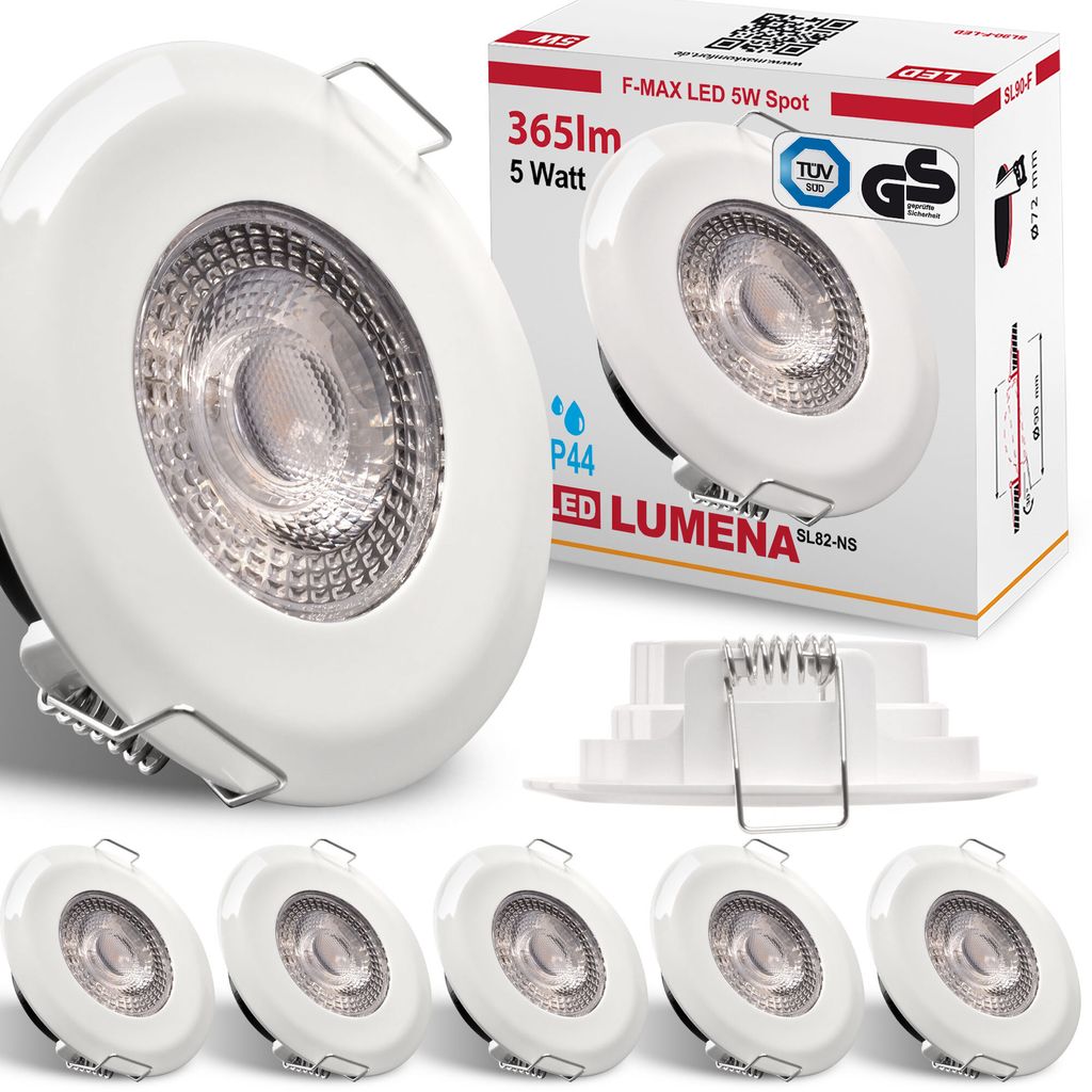 6x LED Bad Einbaustrahler Ultraflach 5 Watt Weiß 230V Rund warmweiß IP44 Deckenstrahler Spot Deckenspot Lumena SL82-NS
