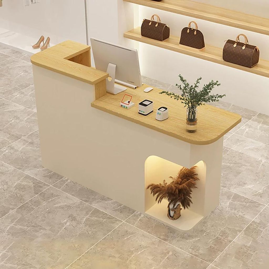 Empfangstheke, Kassentheke, Montagetresen, Kleine Bar, für Geschäfte und verschiedene Einsatzbereiche, Holzoptik und Beige 120cm L