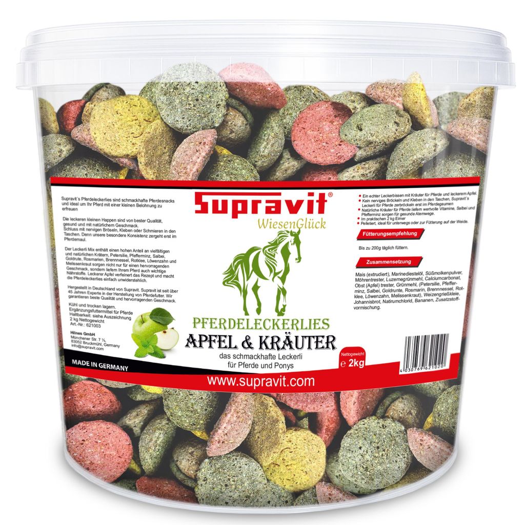 Supravit Pferde Leckerlies Apfel und Kräuter 2kg | Schmackhafte Pferdeleckerlis ohne Zucker | Stärkt die Abwehrkräfte für Pferd und Pony