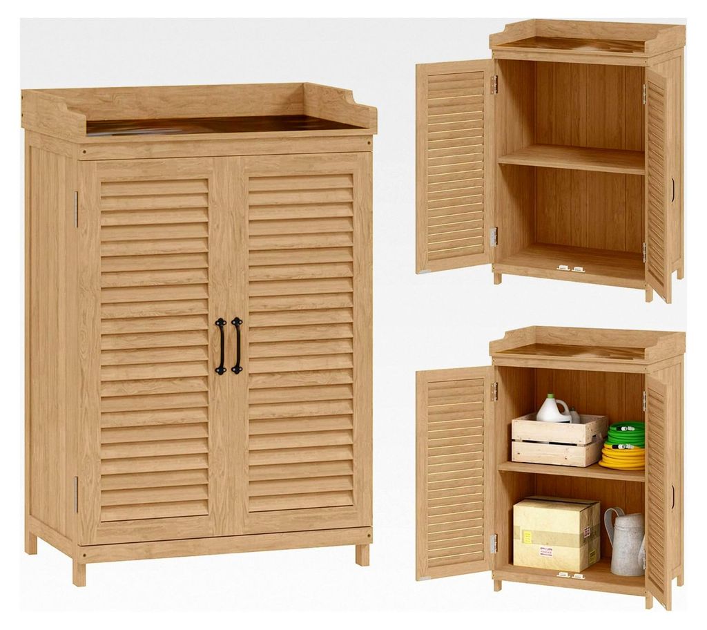 Gartenschrank aus Holz, Geräteschuppen mit Arbeitsfläche, wetterfester Geräteschrank, 65,5x40x98,5cm, Gerätehaus mit Lamellentüren, Ablagen, W...