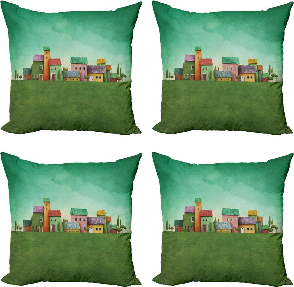 ABAKUHAUS Wandgemälde Kissenbezug Set (4 Stück), Village of Absurd Häuser, Moderner Doppelseitiger Digitaldruck, 60 cm x 60 cm, Mehrfarbig