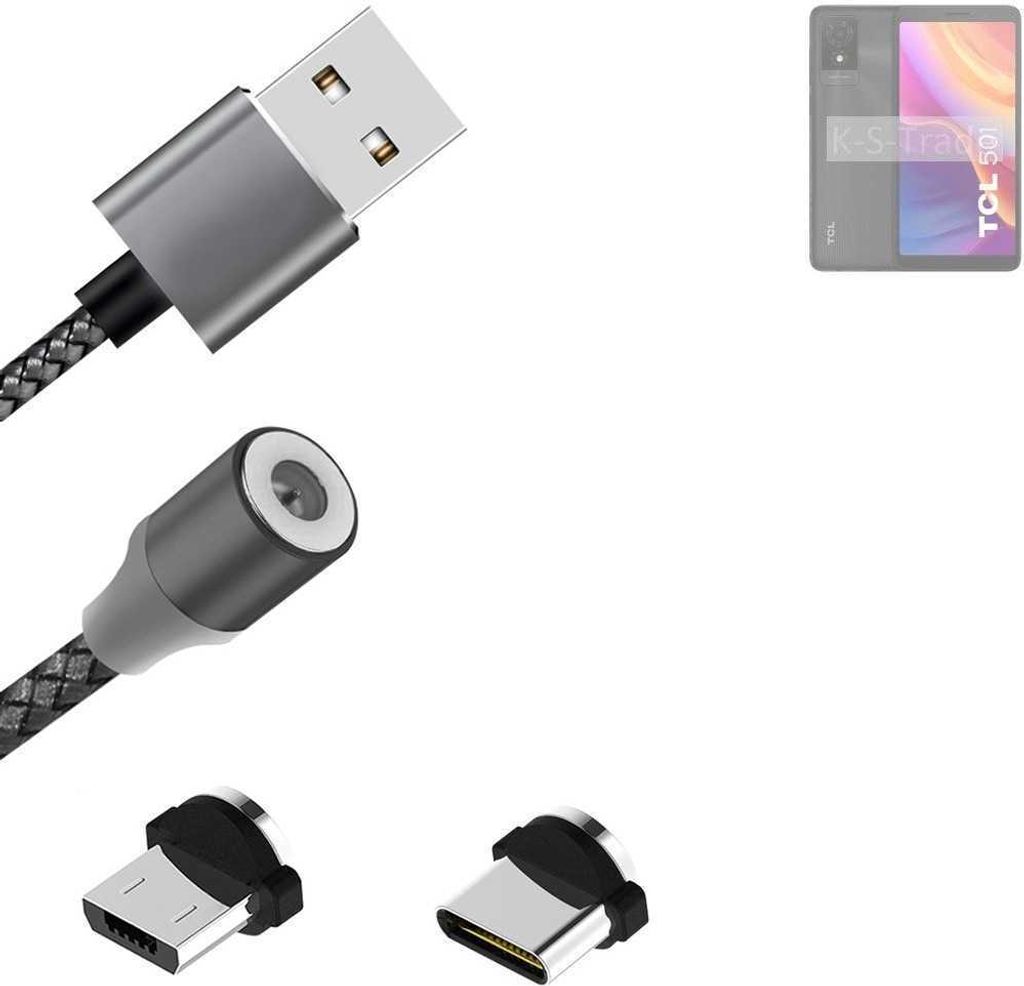 K-S-Trade Hochwertiges Magnet-Lade-kabel Sync-Kabel Daten-Kabel für TCL 501 mit USB-Typ-C-Anschluss und Micro-USB-Anschluss 2A bis zu 480mbps