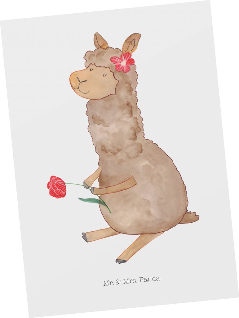 Mr. & Mrs. Panda Grußkarte Alpaka Blume - Weiß - Geschenk, bildkarte, Lama, Lamas, Postkarte, Spruch, Postkarten, Kunstkarten, Ansichtskarten