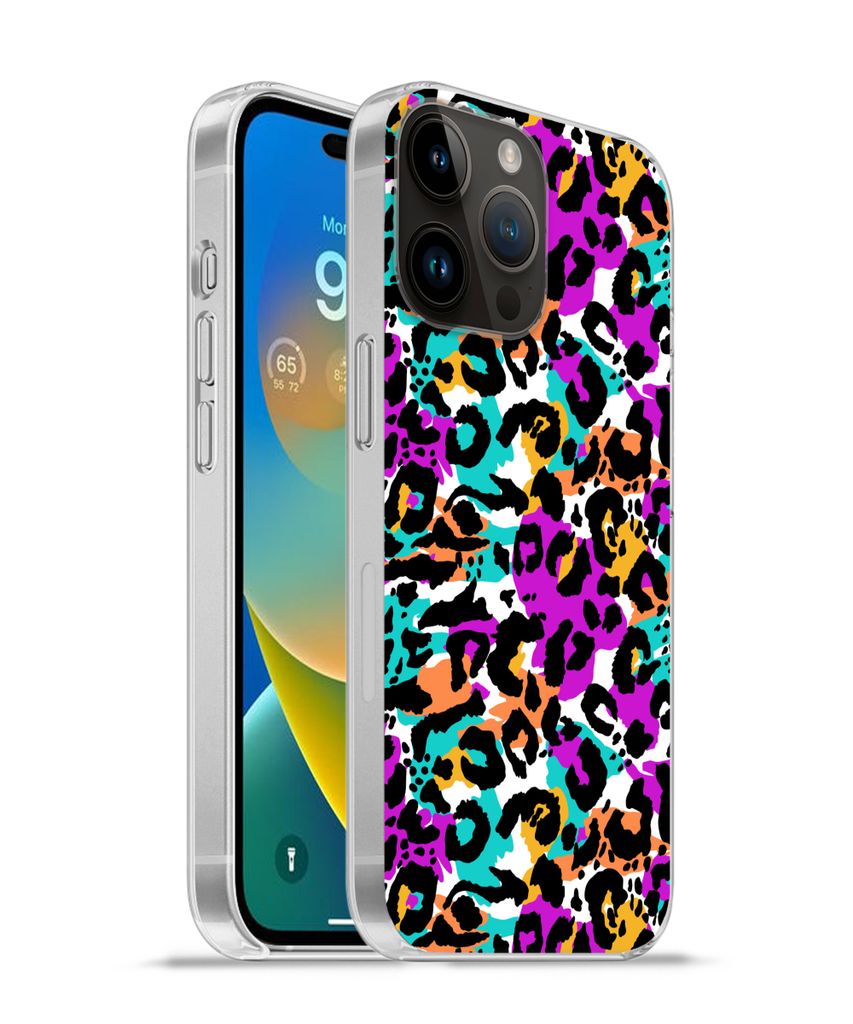 MuchoWow Handyhülle Schutzhülle Hülle für Apple iPhone 14 Pro - Softcase Pantherdruck - Regenbogen - Weiß Silikon Softcase Handy Hülle - Um...
