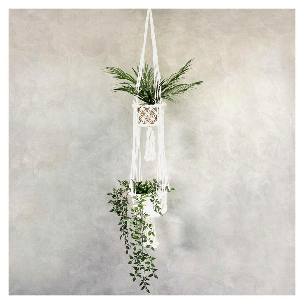 Makramee hängende Blumenampel Topfhalter Boho Deko für Innen und Außen Gewebter Blumentopf Weiß Halterung doppelt 125 cm